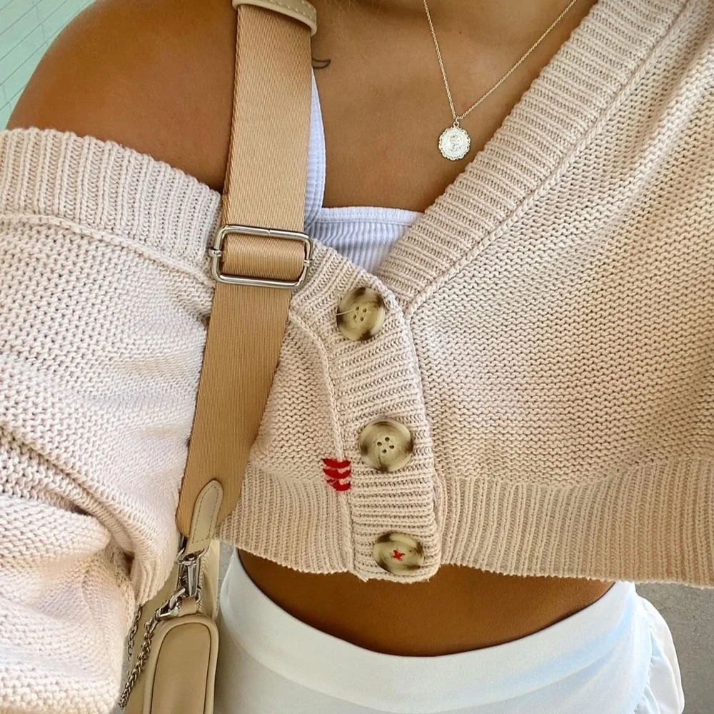 BDG Urban Outfitters Cream Sweater with Red Knit Button Cardigan Size Medium - Picture 2 of 5